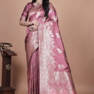 Rose Pink Banarasi Silk Saree with Silver Zari | Floral & Paisley Motifs | Wedding, Festive & Traditional Wear