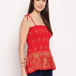 Women's Rayon Elephant Print Casual Summer Style Tie Shoulder Straps Free Size Tank Top ( Red Gold Pattern)