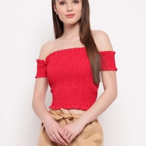 Women's Rayon Solid Off-Shoulder Smocked Crop Top Short Sleeve Casual Styles Tank Top (FREE SIZE) Multi28