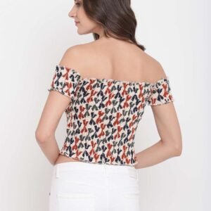 Women's Rayon Printed Off-Shoulder Smocked Crop Top Short Sleeve Casual Styles Tank Top (FREE SIZE) Multi46