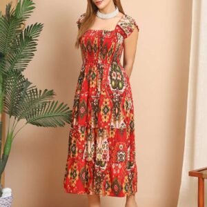 Women's Viscos Rayon Printed Off Shoulder Midi Dress For Summer And Casual Wear (Red)